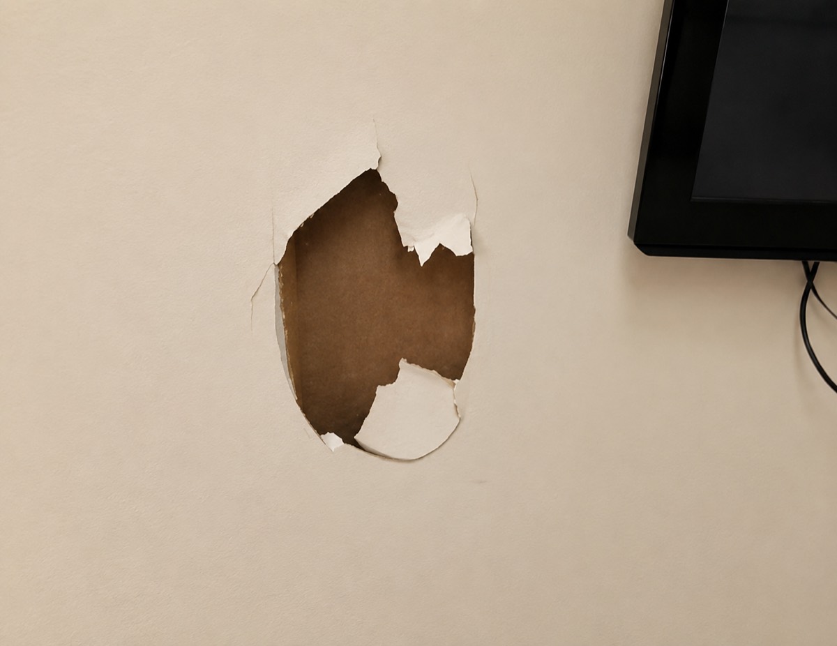 A broken hole punched through interior drywall next to a wall-mounted television, before repair.