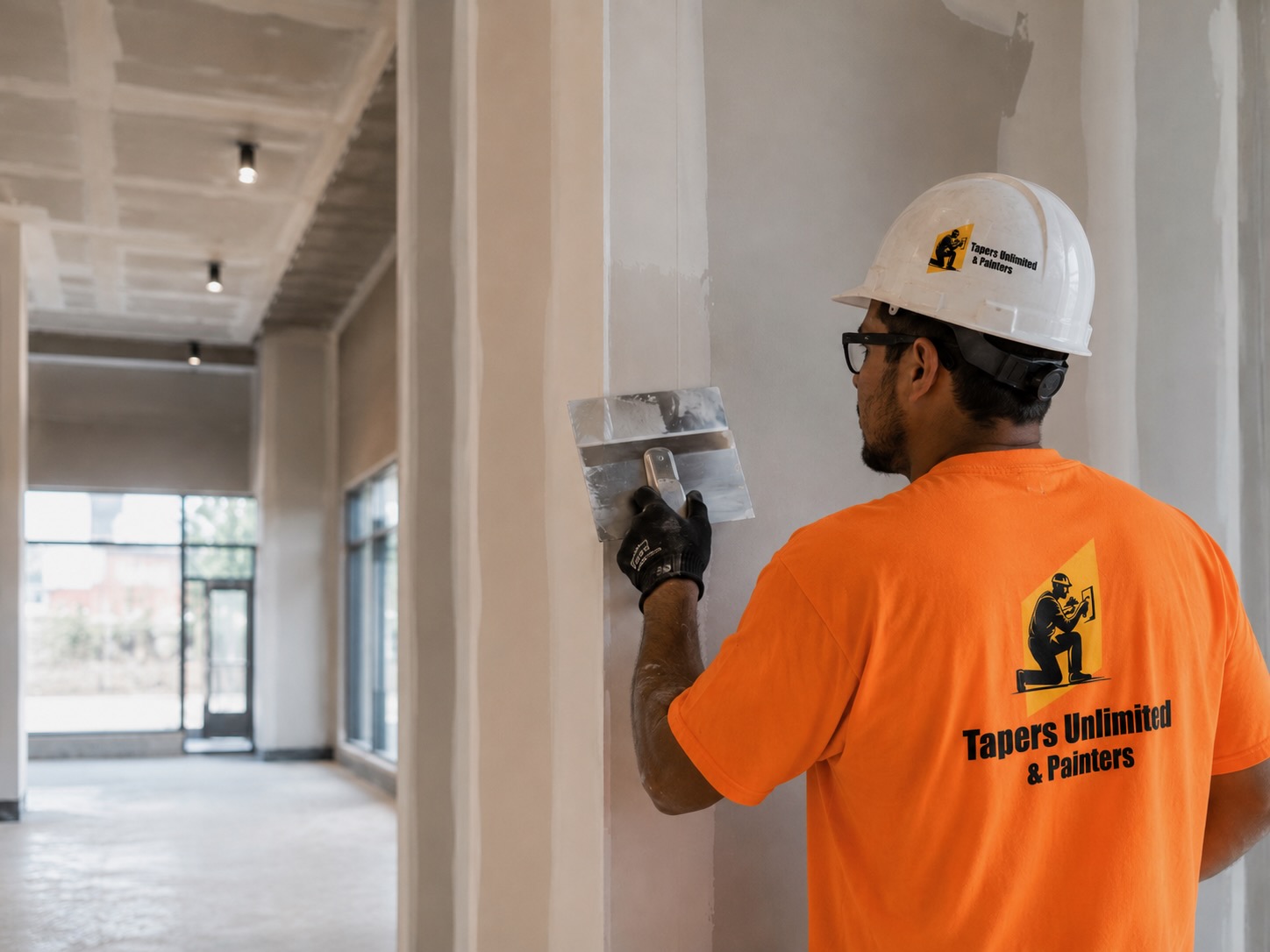 A Tapers Unlimited & Painters crew member in a branded orange shirt and hard hat drawing a taping knife down a drywall column seam in a commercial fit-out.